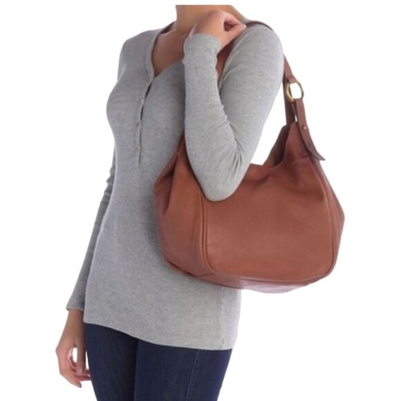 Frye Madison Leather Shoulder Bag Cognac brown large adjustable metal ring detai - Picture 1 of 16